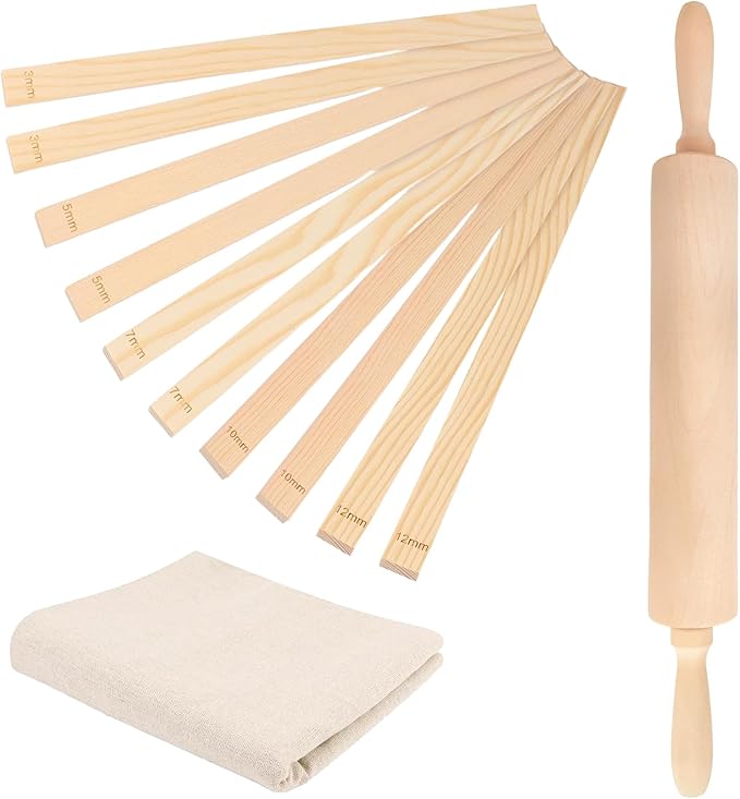 12 Pcs Pottery Tools Include 1 Wood Rolling Pin Sculpting Polymer Clay Tools 1 Portable Pottery Wedging Board/Linen Tablecloth and 10 Pcs 5 Size Teaching Rolling Mud Stick Guide