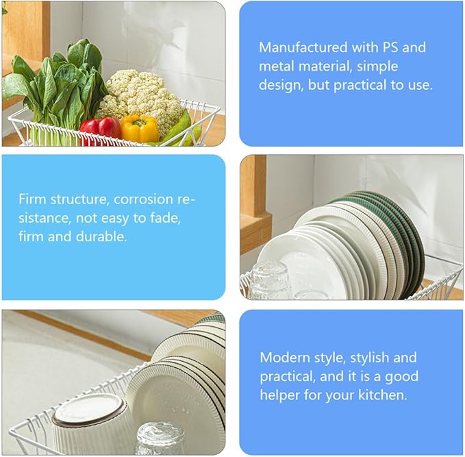 ULTECHNOVO Dish Drying Rack Over Sink Metal Drainer Rack with Utensils Holder and Removable Tray Kitchen Storage Organizer for Countertop Use