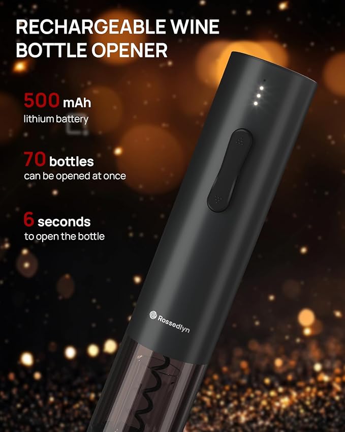 Rechargeable Electric Wine Opener Gift Set - Aerator, Bottle Opener, Foil Cutter, Wine Vacuum Pump and Stoppers for Home Bar Outdoor Party