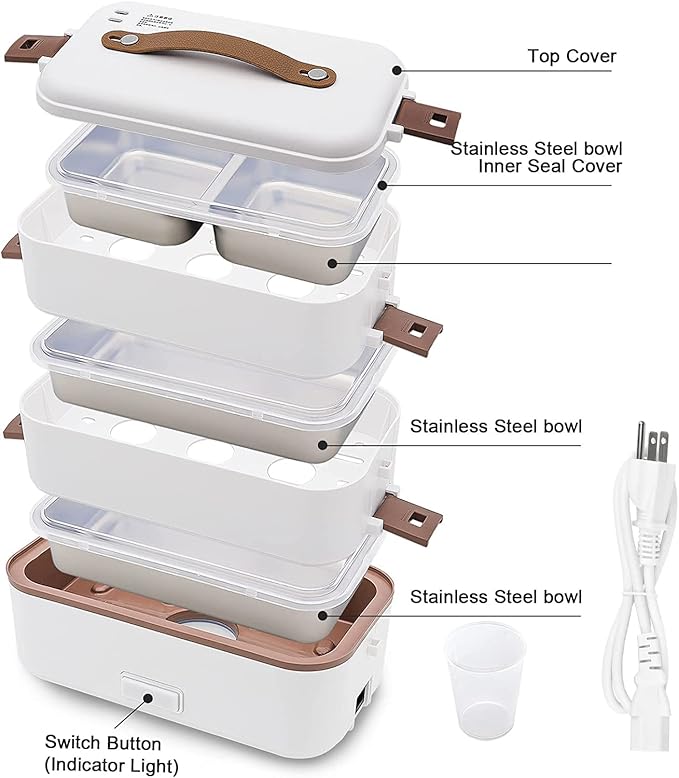 Self Cooking Electric Lunch Box, Portable Food Warmer for On-the-Go, 3 Layers 800ML Slow Cooker Heated Lunch Box for Home Office Travel Cook Food (ONLY THE WALL PLUG)