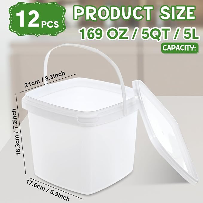Mifoci 12 Pcs 5 Qt/ 169 Oz/ 5 L Plastic Food Containers, 1.24 Gallon Ice Cream Buckets with Lids and Handle Reusable Square Deli Containers Freezer and Microwave Safe for Kitchen Food Drinks Storage