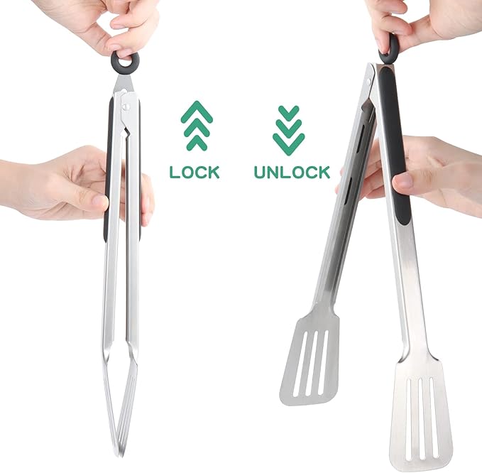 Set of 2 Stainless Steel Spatula Tongs for Cooking and Grilling, 7.67 Inch Pastry Brush Silicone Basting Brush, Comfortable Grip, Dishwasher Safe