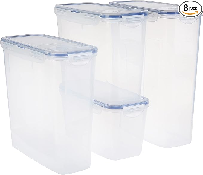 Lock & Lock Easy Essentials Food Storage Bin Set for Pasta, Flour, Sugar/Airtight Container Lids/BPA-Free/Dishwasher Safe, 8 Piece - Clear