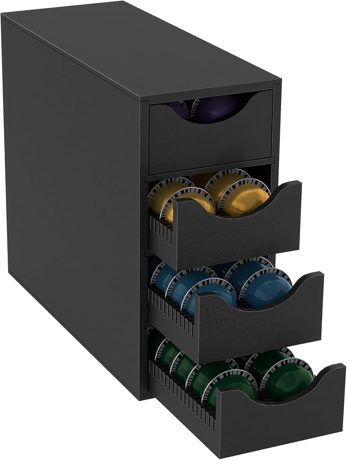 Suli Coffee Pod Holder, Coffee Capsule Storage Organizer, Save Space Coffee Pod Organizer for Countertop, Extra Large Storage Rack with Drawer, 4 Tier,104 Pods,Wood,Black