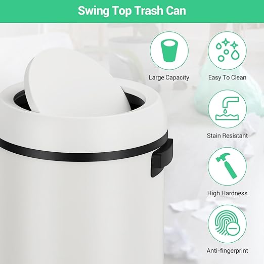 Garvee 17 gal/65 L Trash Can, Fingerprint-Proof Stainless Steel Swing Top Garbage Can, Heavy Duty Commercial Round Trash Bin with Swing Lid for Restaurant, Home, Office,White