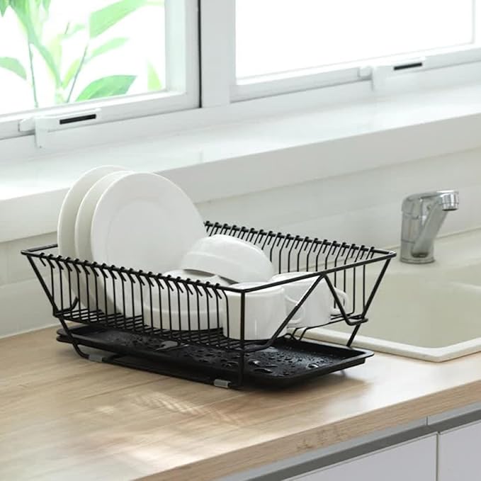 Ipetboom Dish Drying Rack with Utensils Basket and Drainboard, Black Metal Kitchen Dish Drainer Holder for Countertop Storage Over Sink Use