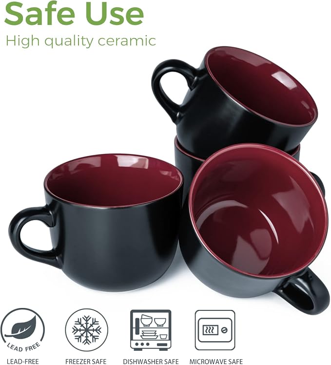 AmorArc 24 oz Soup Mugs with Handles, Jumbo Ceramic Bowls Mugs Set with handles for Coffee Cereal Cappuccino Snacks, Microwave&Dishwasher safe Soup Cups for Meal-Burgundy