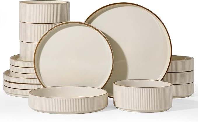 Famiware Star 16-Piece Stoneware Dinnerware Sets with Trim, Service for 4 - Shallow Pasta Bowls & Flat Plates, Modern Rustic Ribbed Dishes, Chip & Scratch Resistant, Microwave & Dishwasher Safe, Cream