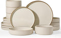 Famiware Star 16-Piece Stoneware Dinnerware Sets with Trim, Service for 4 - Shallow Pasta Bowls & Flat Plates, Modern Rustic Ribbed Dishes, Chip & Scratch Resistant, Microwave & Dishwasher Safe, Cream