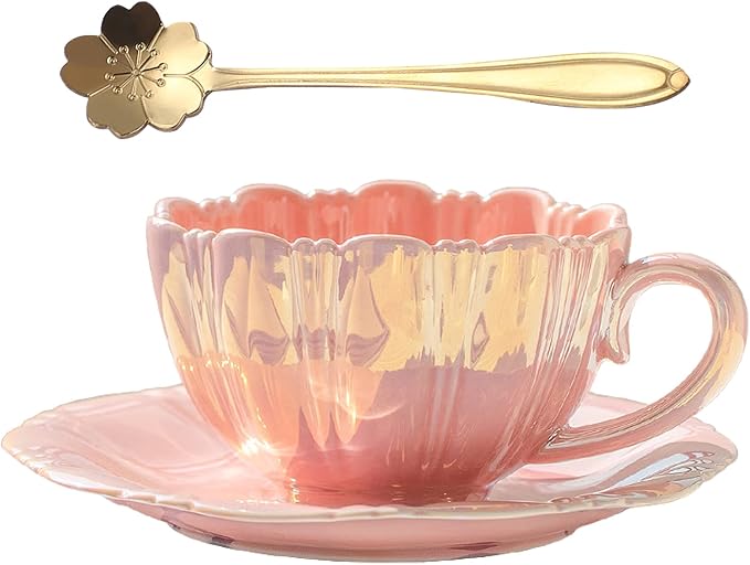 amokk Porcelain Coffee Mugs Flower Shaped Tea Cup and Saucer Set for Housewarming Gift Home Decor (Pink)