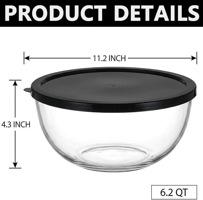 Large Glass Mixing Bowl for Sourdough, 6.2QT with Lid – Big Capacity Clear Bowl for Sourdough, Baking, Salad Prep & Food Storage