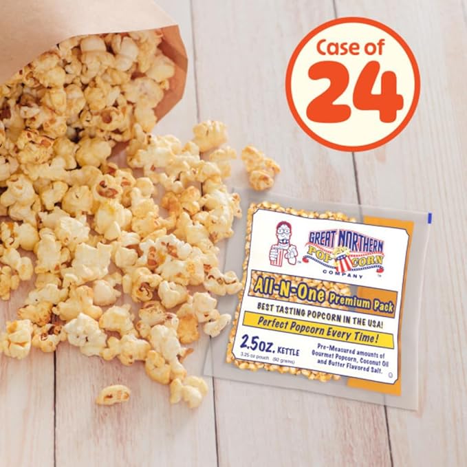 2.5oz Popcorn Machine Popcorn Packets - All-in-One Movie Theater Style Kernels, Salt, and Oil Packs by Great Northern Popcorn (24 Case)