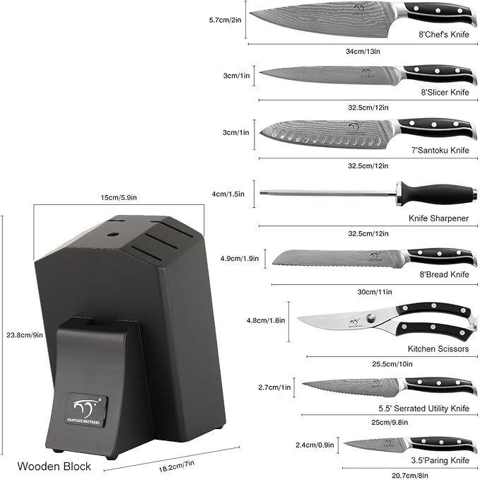 Damascus Kitchen Knife Set with Block, 9-Piece 67-Layer VG10 Damascus Steel Knife Set with Triple-Rivet Handles, Chef, Santoku, Utility, Bread & Paring Knives, Sharpener, Shears, Black