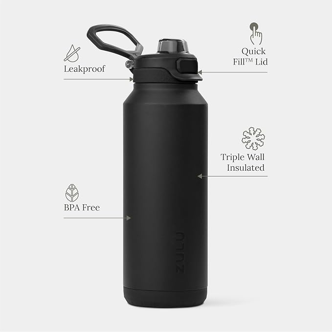 ZULU Powerfill Pro 40oz Stainless Steel Water Bottle with Quick Fill Lid, Triple Walled Vacuum Insulated Metal, Leak Proof Locking Lid, Sip and Chug, Reusable BPA Free, Black