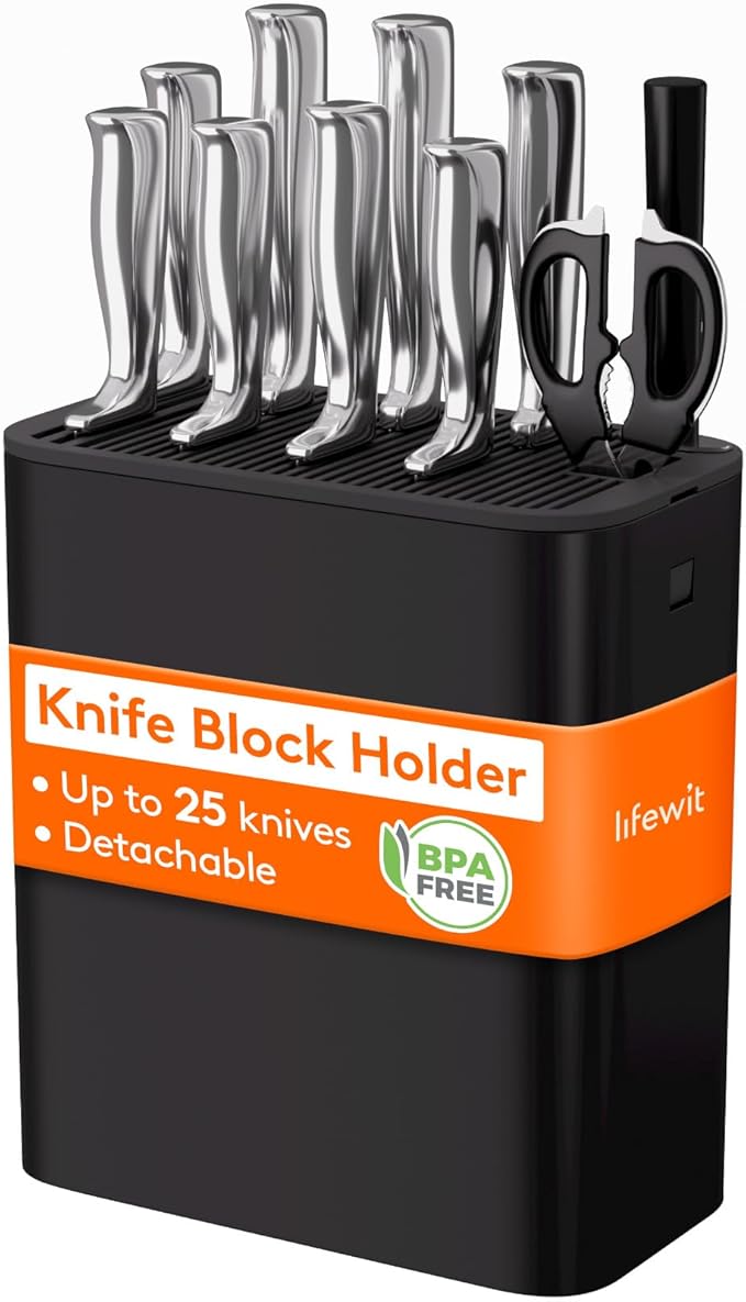 Lifewit Knife Block without Knives, Large Plastic Universal Knife Block Holder with Detachable Slots, Hold Up to 25 Knives, Scissors, and Sharpening Rods, Kitchen Storage Organizer for Counter, Black