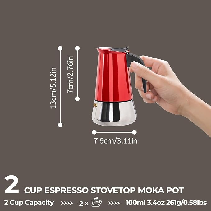 2 Cup 100ml Moka Pot Stainless Steel Espresso Coffee Maker Stovetop Coffeemaker Italian Classic Style Brewing Greca Cafe Mocha Machine for Cafeteras Lover Camping Travel and Home Use 3.3oz