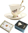 Porcelain Tea Cup and Saucer Set, 8.5 oz/250 ml Ceramic Coffee Mug with Saucer and Spoon, Vintage Coffee Cup with Gold Trim and Gift Box for Mom Women Mother's Day, Butterfly Pattern