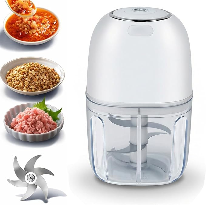 Electric Garlic Chopper Mini 350ml, USB Rechargeable Portable Veggie Chopper, Wireless Mini Food Processor with Stainless Steel Blades for Garlic, Onion, Nuts & Vegetables (White)