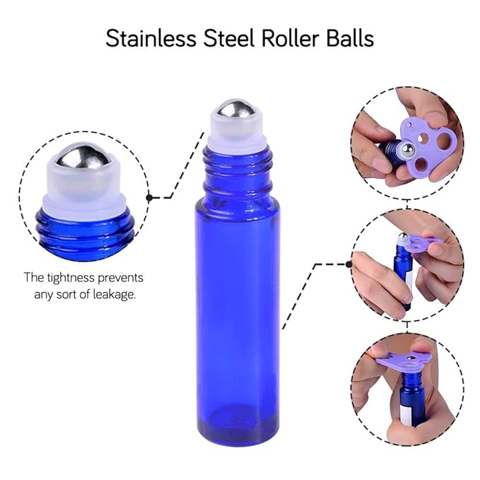 PrettyCare Roller Bottles For Oils 10 ml (Blue Glass, 24 Pack, 2 Extra Stainless Steel Balls, 2 droppers, 1 small brush, 24 Labels, 1 Opener, 1 Funnels Essential Oil Roller Bottles, Roller on Bottles