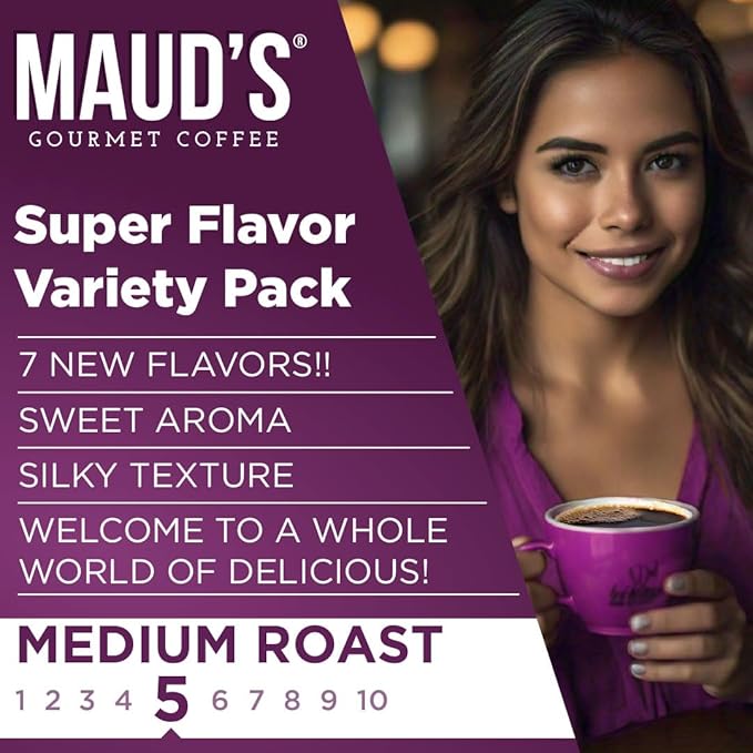 Maud's Super Flavored Coffee Pods Variety Pack, 80 ct, 16 Assorted Flavors, Medium Roast Flavored Coffee in Single Serve Pods – 100% Arabica Beans, Compatible with Keurig K Cups Maker