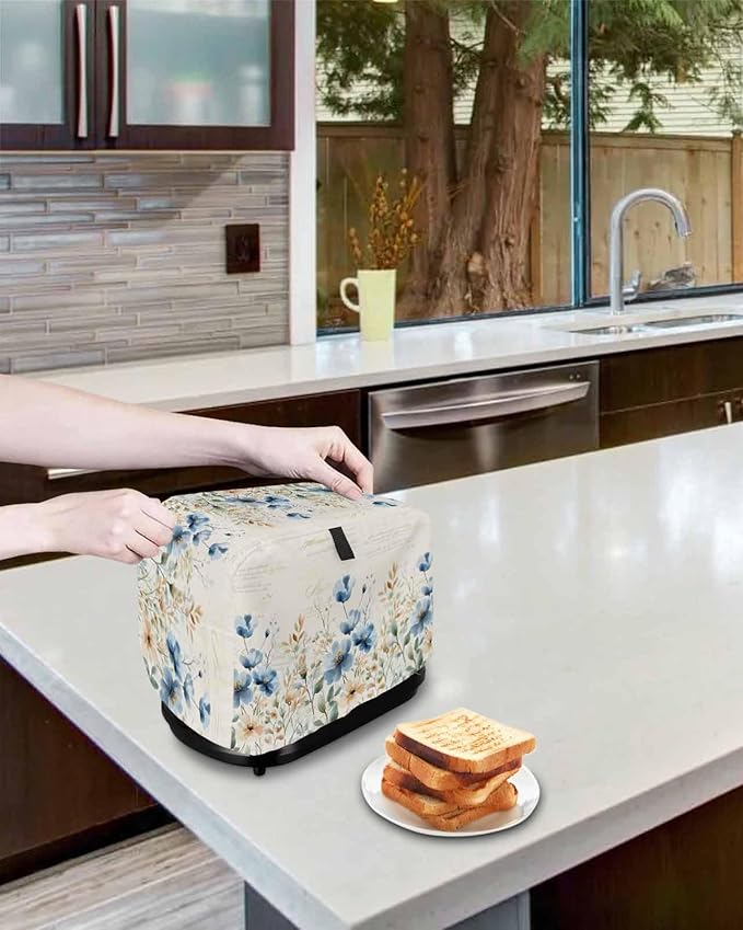 Blue Flowers Rustic Toaster Cover 2 Slice, Spring Vintage Botanical Dustproof Bakeware Oven Protector with Top Hook, Floral Beige Waterproof Small Kitchen Appliance Toasters Dust Cover, 12"x7.5"x8"
