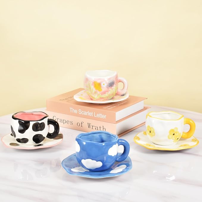 Koythin Ceramic Coffee Mug with Saucer, Cute Unique Handmade Cup for Women for Office and Home, Dishwasher and Microwave Safe, 10 oz/300 ml for Latte Tea Milk (Dark Blue Sky and White Clouds)