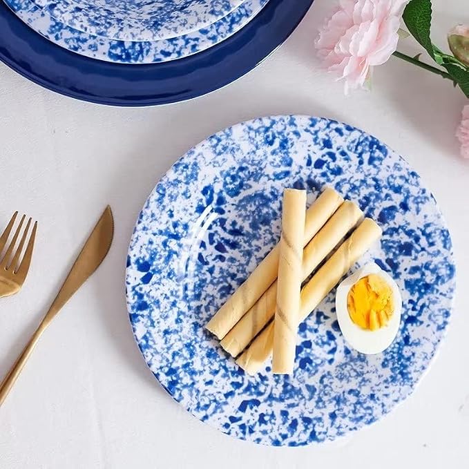 Melamine Dinnerware Set, 12 Piece Service for 4, Blue and White Porcelain Tableware Dishes for Indoor and Outdoor Use, Unbreakable Plates and Bowls Sets, Dishwasher Safe BPA Free
