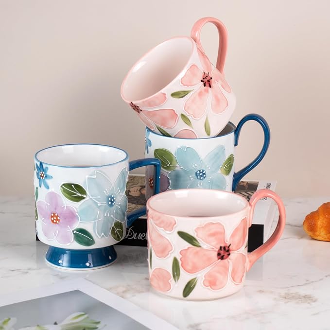 KAMMAK Ceramic Coffee Mug, 13.5oz Blue Mugs Set of 2, Novelty Cup for Tea, Juice, Milk, Cute Porcelain Water Cups with Handle for Women, Dishwasher and Microwave Safe