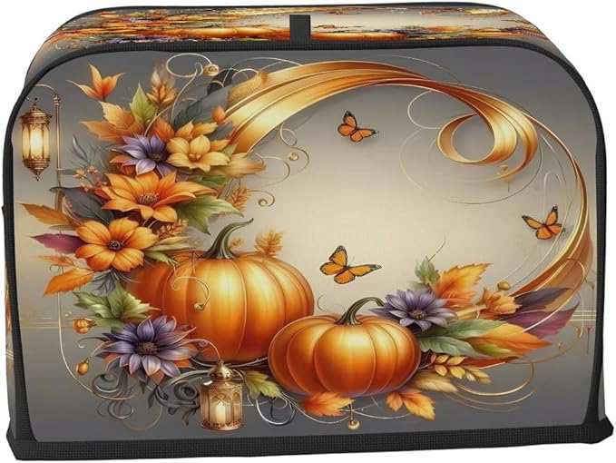 Art Fall Pumpkin Flower Toaster Cover 4 Slice Dust and Fingerprint Protection Toaster Bread Maker Covers Washable Kitchen Small Appliance Covers for Kitchen Accessories Decor Bakeware Women Gift