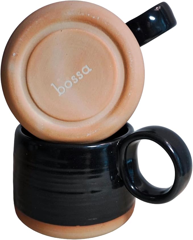 Bossa Stoneware Ceramic Cappuccino Cup 8oz Black Set of 2 | Handcrafted Specialty Coffee Mug with Glazed Glossy Finish, Raw Unglazed Base & Large Handle | Microwave & Dishwasher Safe