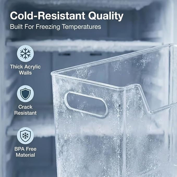 Crystal Clear Freezer Storage Bins, 4 Pack Clear Plastic Storage Bins for Pantry Organizers and Storage, Kitchen Stackable Containers with Handle for Refrigerator, Fridge, Cabinet (4Pcs Large)