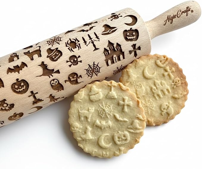 HALLOWEEN Embossing Rolling Pin. Laser Engraved Dough Roller with Pattern - Moon, Owl Spider, Ghost, Pumpkin, Witch. Rolling Pin for Embossing Homemade Halloween Cookies by Algis Crafts