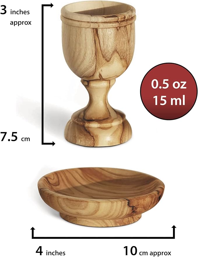 Christian Wedding Gifts – Olive Wood Communion Set Made in Bethlehem – 2 small Cups (3") & Bread Tray for Marriage Unity Ceremony – Authentic Holy Land Gift for Bride & Groom with Certificate