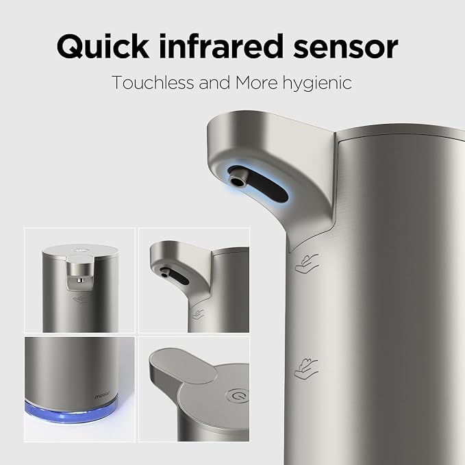 mooas Automatic Foaming Hand Soap Dispenser 2 Set (Ivory & Metal) Stainless Steel Rechargeable 2 Level Adjustable Touchless Soap Dispensers for Kitchen, Bathroom, Commercial 9.4oz Each