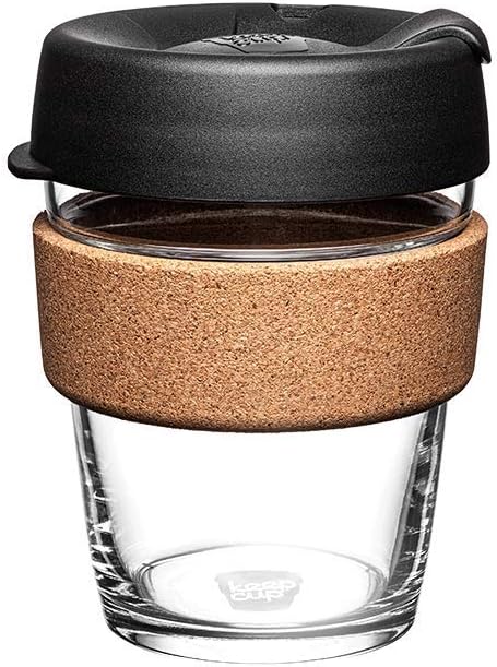KeepCup Brew Cork, Reusable Glass Tumbler with Natural Cork, Tall Coffee Cup 12oz/340ml - Black