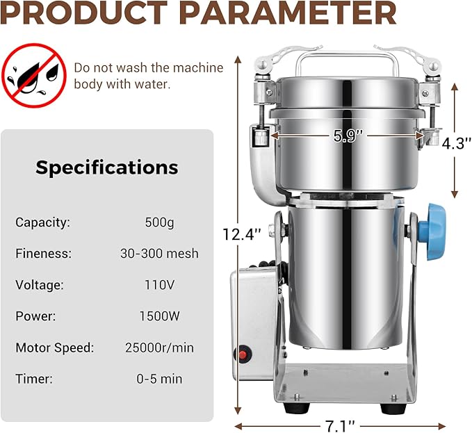 LEEVOT Grain Mill 500g Commercial Spice Grinders Electric 1500W Stainless Steel Pulverizer Dry Grinder for Grinding Wheat, Oats, Corn, Pepper, and Coffee Beans – Grinder for Kitchen.