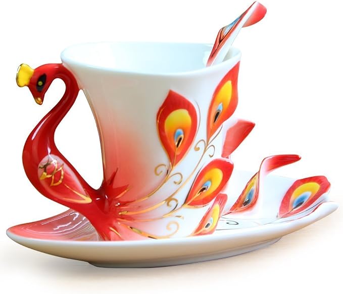 vanki 1 pc Collectable Fine Arts China Porcelain Tea Cup and Saucer Coffee Cup Peacock Theme Romantic Creative Present,Red