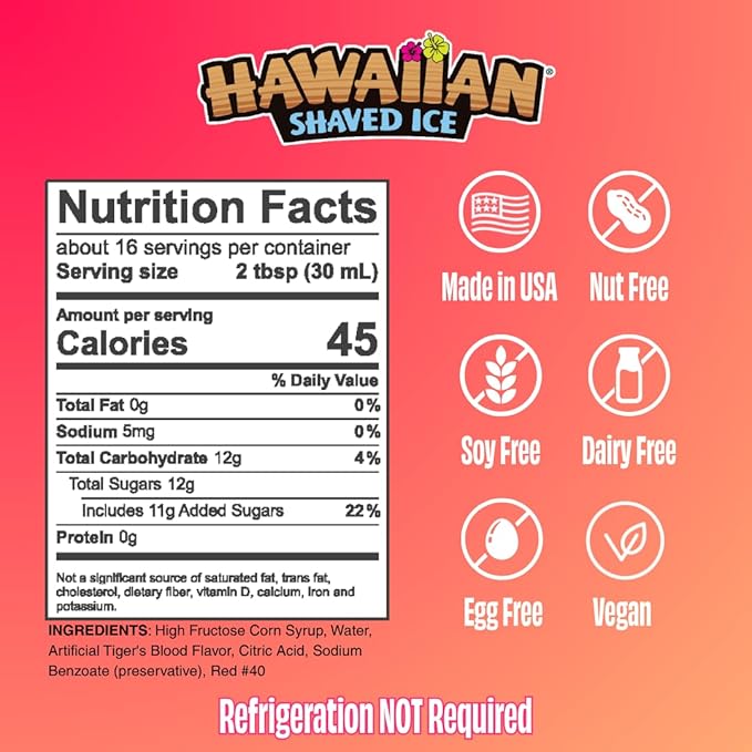 Hawaiian Shaved Ice Syrup Pint, Tiger's Blood Flavor, Great For Slushies, Italian Soda, Popsicles, No Refrigeration Needed, Contains No Nuts, Soy, Wheat, Dairy, Starch, Flour, or Egg Products
