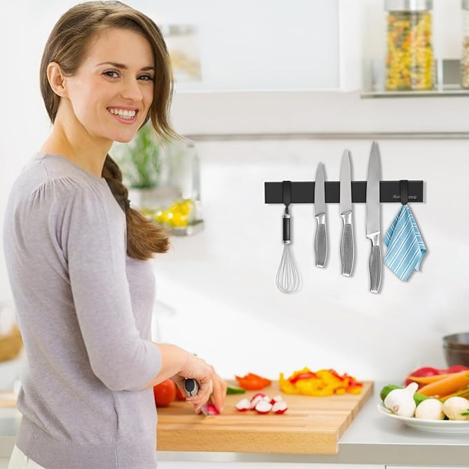 Magnetic Knife Holder for Wall, 10 Inch black Magnetic Knife Strip no Drilling with 2 Hooks, Stainless Steel Magnet Knife Holder, Powerful Magnetic Knife Rack for Knives, Utensils and Tools