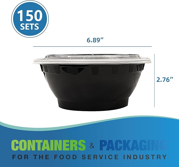Meal Prep Bowls Containers, 150 Sets 32oz Reusable Plastic Bowls with Lids for Noodles Soup Salad, Round To Go Food Storage Container, BPA Free, Microwave/Dishwasher/Freezer Safe, Black