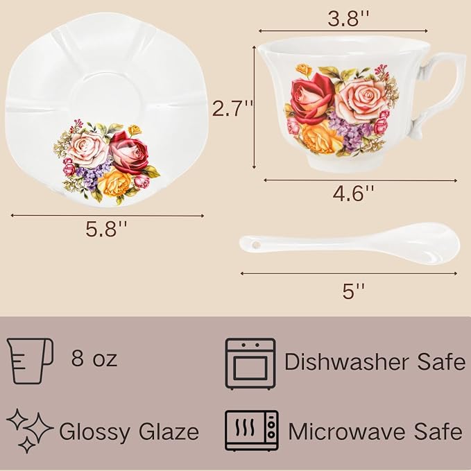 Pumtus Tea Cups and Saucers Set of 6, 8 OZ Vintage Ceramic Teacups with Spoon, Floral Rose British Coffee Mug, Elegant Bone China Cup Gift Set for Cappuccino, Espresso, Latte, Afternoon Tea Party