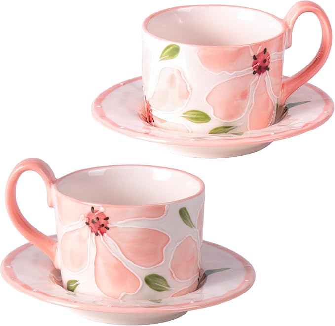 KAMMAK Tea Cups and Saucers Set of 2, Porcelain Coffee Cups, 8.5-Ounce Stackable Espresso Mugs, Ceramic Demitasse for Coffee, Latte, Americano, GX20
