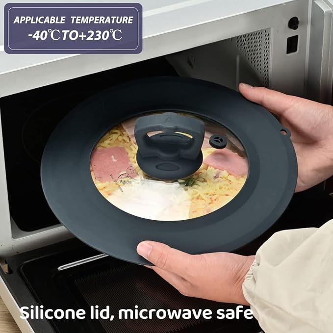 Vented Tempered Glass Universal Lid for Pot Pan Skillet with Heat Resistant Silicone Rim Microwave Splatter Lid Cover Microwave Safe Fit 8” 8.5” 9“ Cookware, Dishwasher Safe Grey