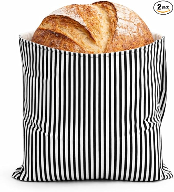 Sourdough Bread Bag – Reusable Beeswax Bread Storage Bags 2.0 (2 Sizes) for Homemade & Artisan Loaves, Cotton-Lined Bread Keeper, Plastic-Free Kitchen Storage – Stripey Black