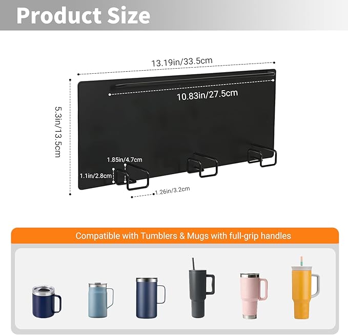 Magnetic Stanley Cup Holder for Refrigerator - Waycco Upgraded 2-in-1 Tumbler Organizer with Lid Hanging Bar & Slide-in Hooks, Fits Stanley Adventure Mug, Yeti Rambler & Most Handle Mugs