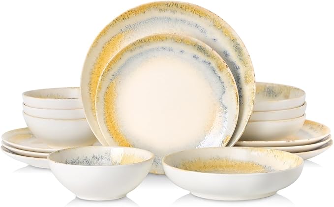 DOMICREVERY Ceramic Dinnerware Sets for 4, 16 pcs Plates and Bowls Sets, Lemon Sea