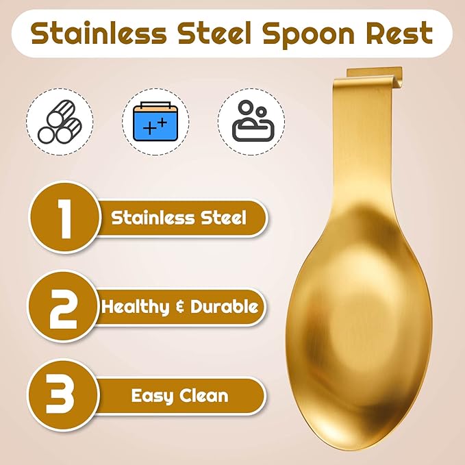 Nuanchu 10 Pcs Stainless Steel Spoon Rest Spatula Ladle Holder Spoon for Stove Top Heavy Duty Spatula Holder for Countertop Dishwasher Safe Utensil Rest for Kitchen, 3.8 x 9.6" (Gold)