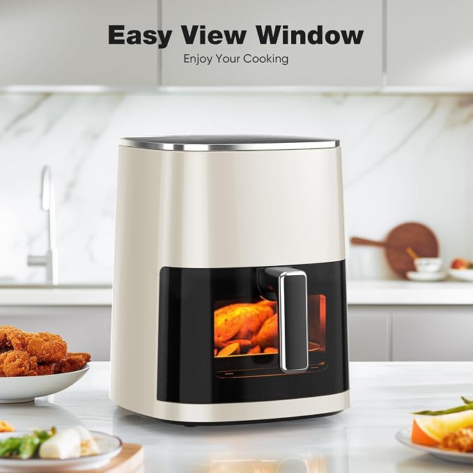 OLIXIS Air Fryer 6 Quart with Window Square Airfryer 12-in-1 Air Frys, Roast, Reheat, Dehydrate, Bake, Steam, Fries, Custard, Chicken, Wings, Sea Food, Vegetabels,400F, White
