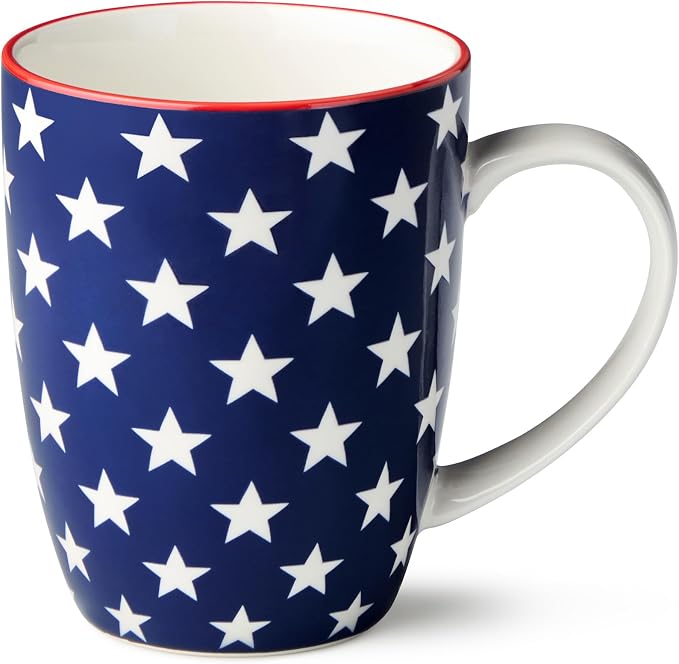 Patriotic Pad Print Porcelain MUGS SET of 6, 14 ounce red white and blue assorted star stripe and flag designs for coffee tea and festive everyday drinkware