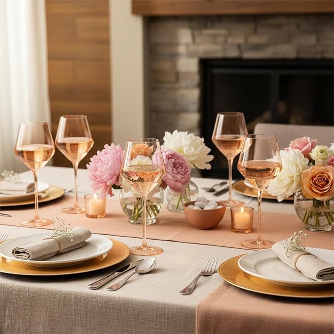 Peach Color Wine Glasses Set 6-16oz Blush Pink Wine Glass with Stem-Hand Made Light Peach Wine Glass-Unique Pastel Pink Wine Glasses for Women Party